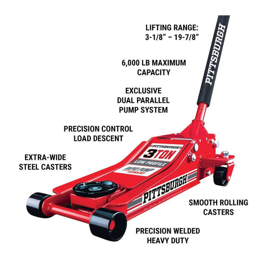 Cric en acier profil bas PITTSBURGH de 3 tonnes avec Rapid Pump® - Rouge - sosoutils