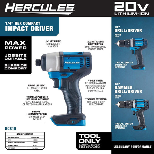 Visseuse hexagonale à percussion HERCULES sans fil 20V max lithium (Outil seulement) - sosoutils