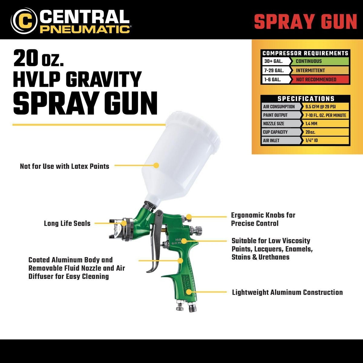 Pistolet à peinture HVLP 20 Oz vert - CENTRAL PNEUMATIC - sosoutils