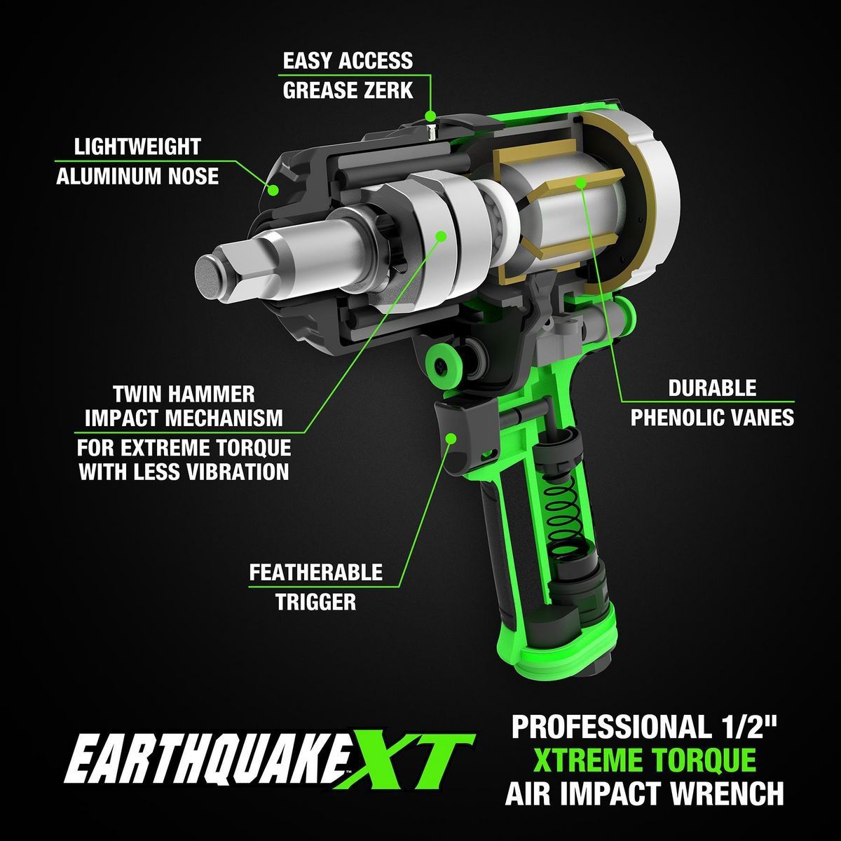 Clé à chocs pneumatique composite Xtreme Torque de 1/2 po, verte - sosoutils