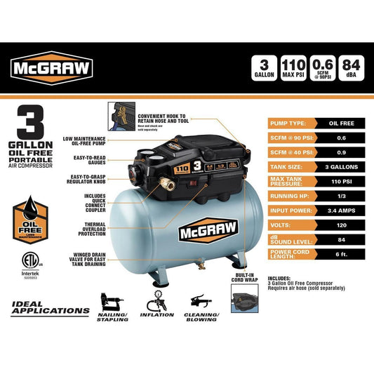 Compresseur "Saucisse" sans huile,3 Gallons,1/3 HP,110 PSI-MCGRAW - sosoutils