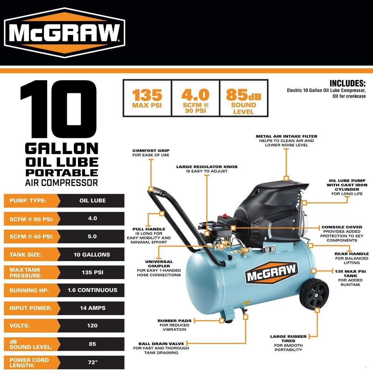 Compresseur à l'huile, 10 Gallons, 1.6Hp-McGraw - sosoutils