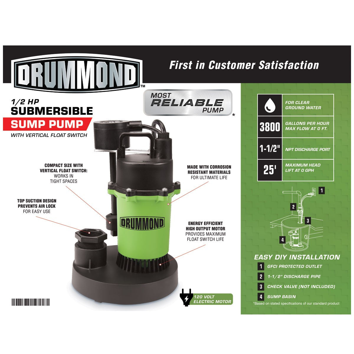 Pompe de puisard submersible 1/2 HP avec flotteur Vvertical, 3800 GPH-DRUMMOND - sosoutils