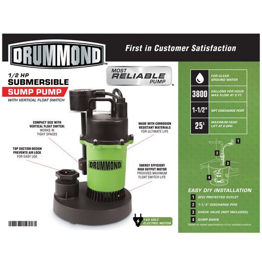 Pompe de puisard submersible 1/2 HP avec flotteur Vvertical, 3800 GPH-DRUMMOND - sosoutils
