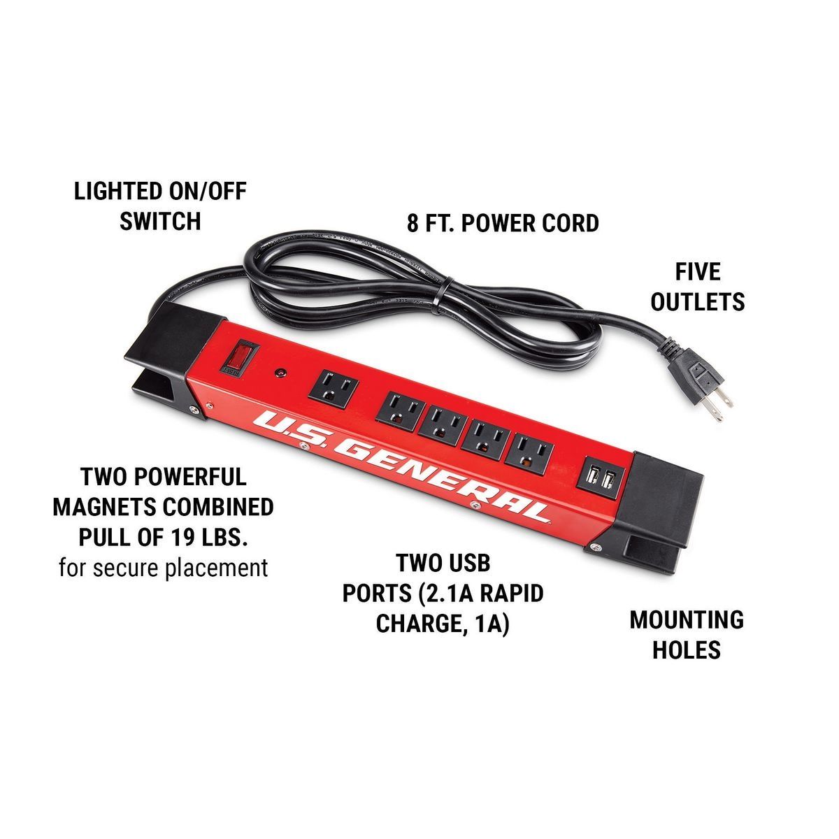 Multiprise magnétique à 5 prises avec boîtier en métal et 2 ports USB, rouge U.S GENERAL - sosoutils