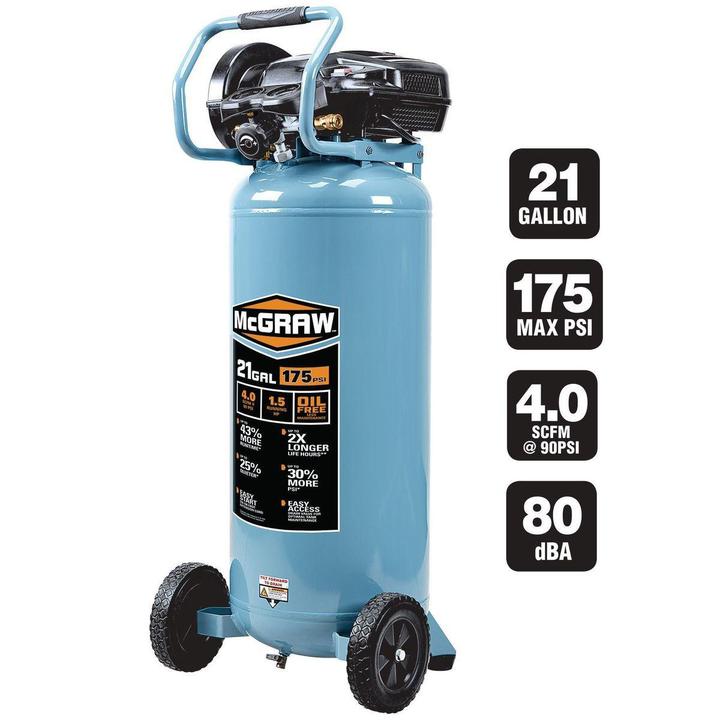 Compresseur d'air vertical sans huile, 21 gallons, 1,5 HP, 175 PSI McGraw - sosoutils