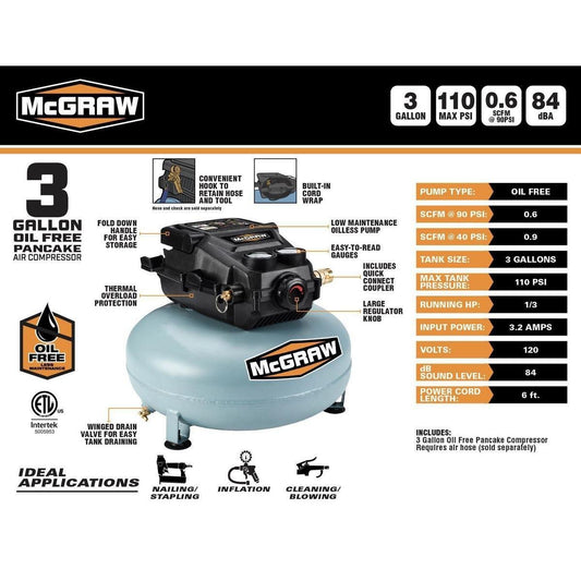 Compresseur d'air sans huile de 3 gallons 1/3 HP 110 PSI MCGRAW - sosoutils