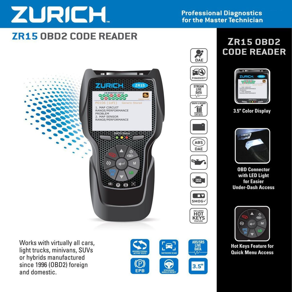 Lecteur de code ZR15 OBD2 avec 3,5 pouces. Affichage et Test Actif/FixAssist®- ZURICH - sosoutils