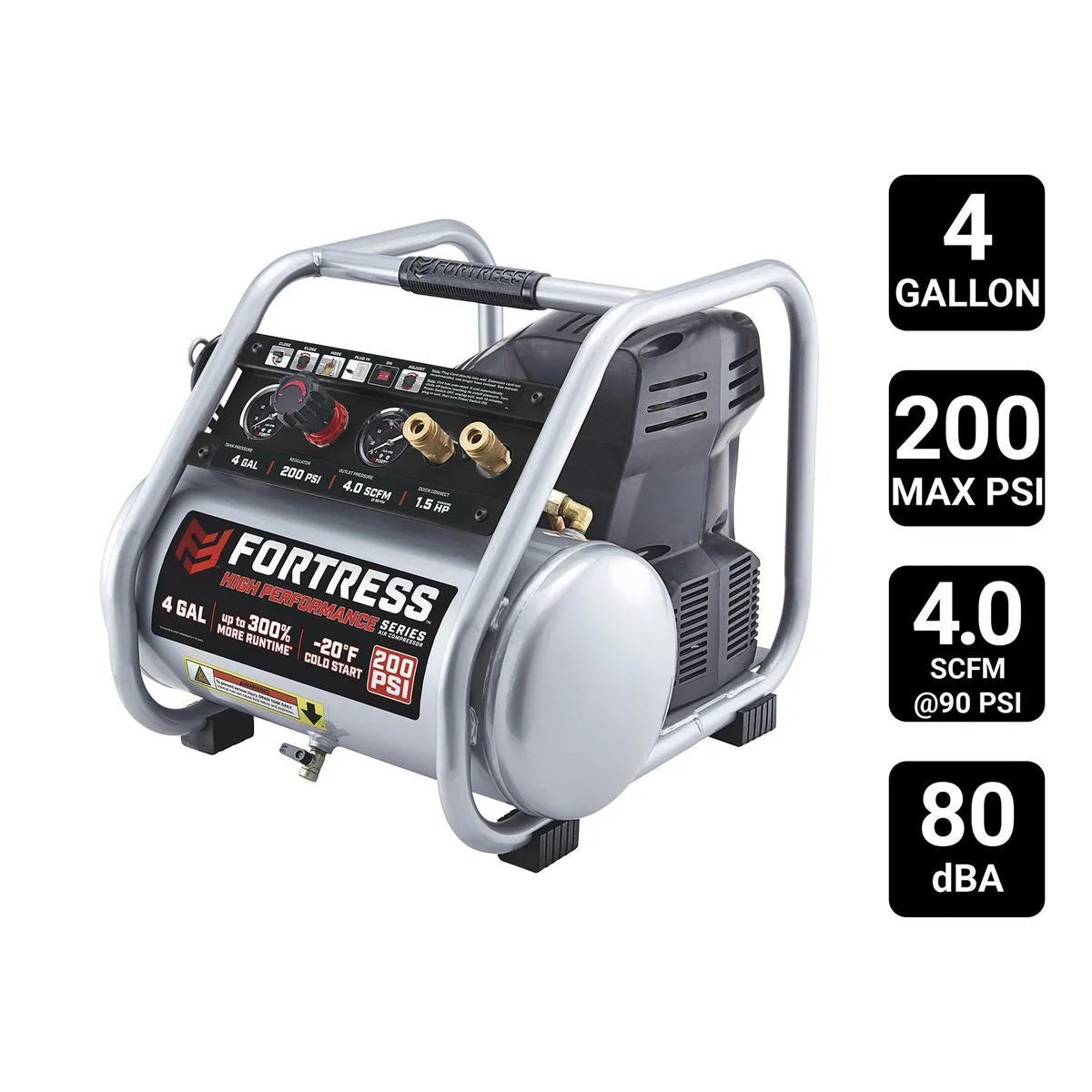 FORTRESS 4 Gallon 200 PSI High Performance Oil-Free Portable Jobsite Air Compressor