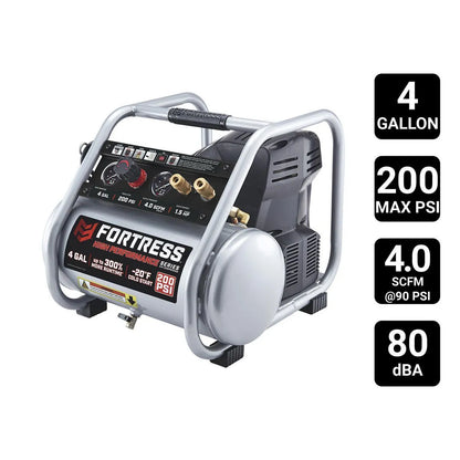 FORTRESS 4 Gallon 200 PSI High Performance Oil-Free Portable Jobsite Air Compressor