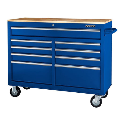 46-inch Mobile Storage Cabinet, 9 Drawers, Solid Wood Top, Blue - YUKON