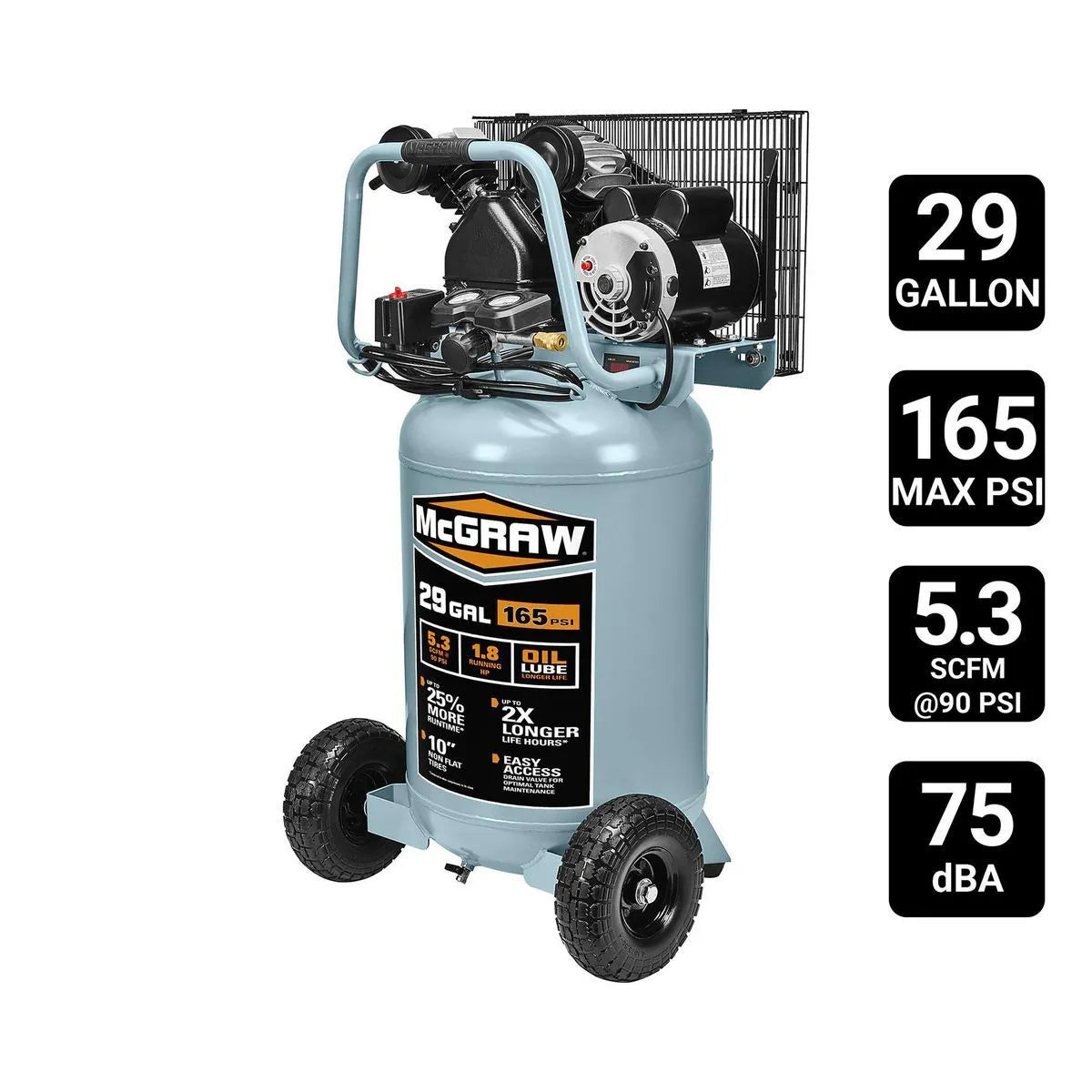 Compresseur d'air vertical à lubrification d'huile de 29 gallons, 1,8 HP, 165 PSI - MCGRAW