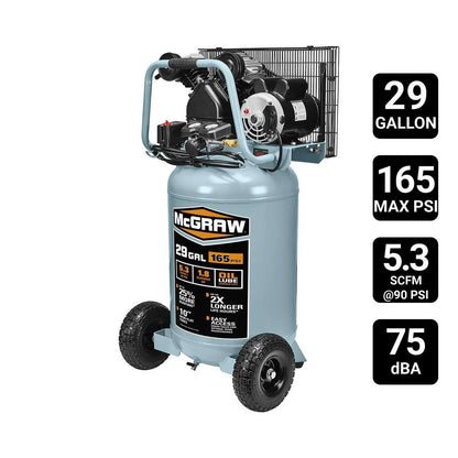 Compresseur d'air vertical à lubrification d'huile de 29 gallons, 1,8 HP, 165 PSI - MCGRAW