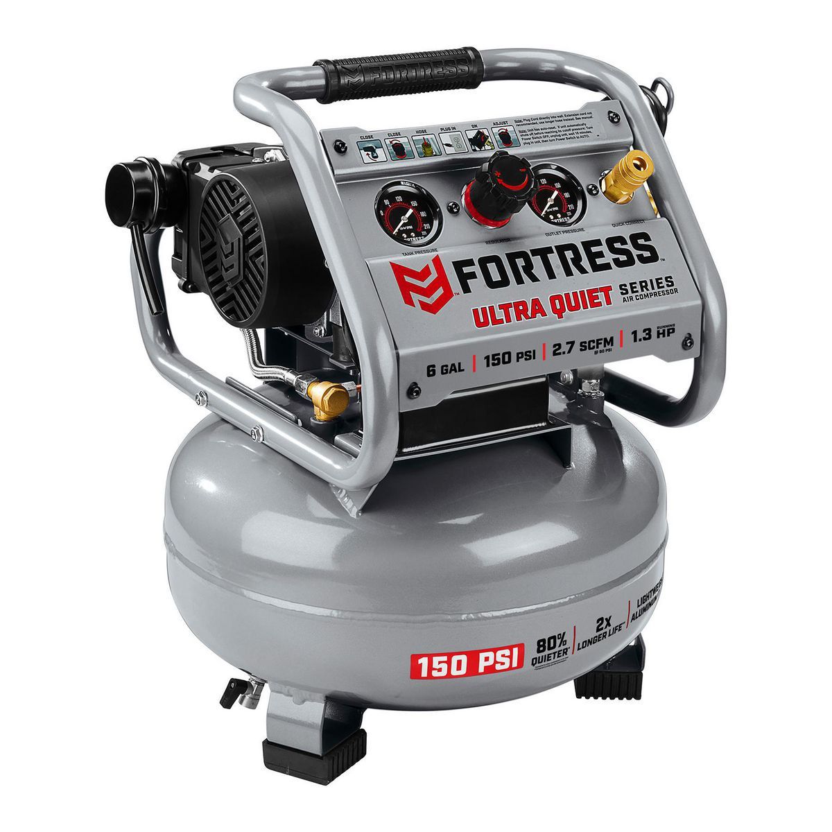 FORTRESS 6 Gallon 150 PSI Ultra Quiet Oil-Free Jobsite Air Compressor