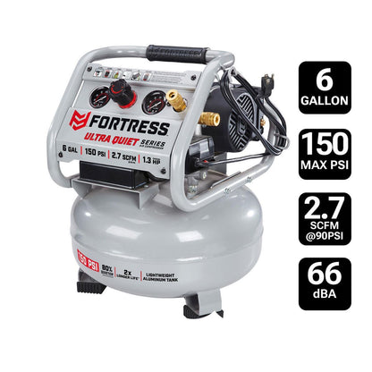 FORTRESS 6 Gallon 150 PSI Ultra Quiet Oil-Free Jobsite Air Compressor