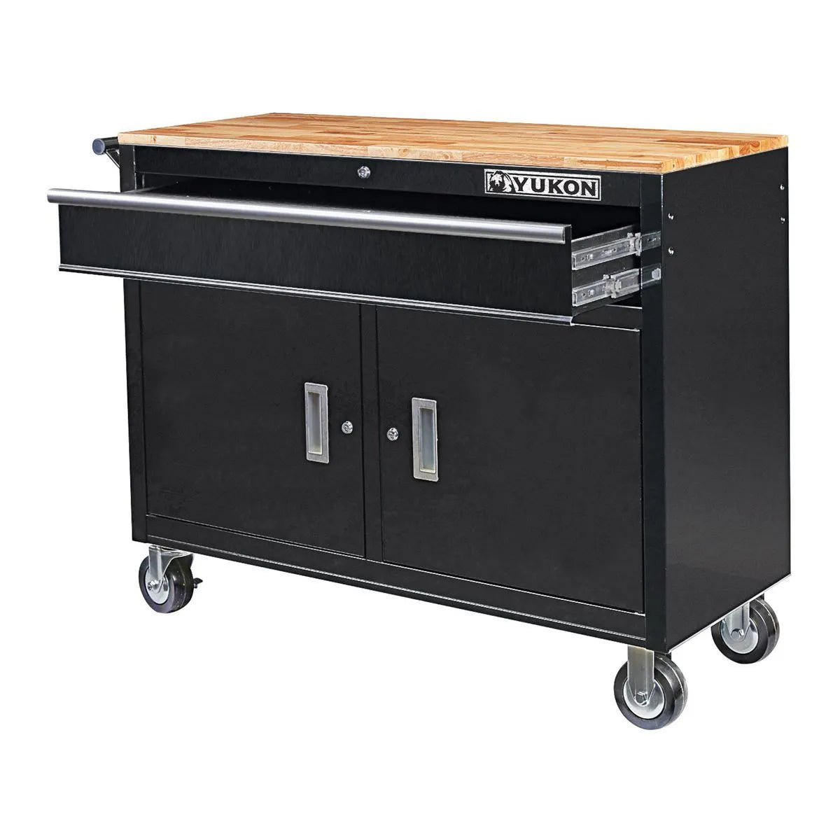 Établi mobile  46 po avec plateau en bois massif, noir - YUKON