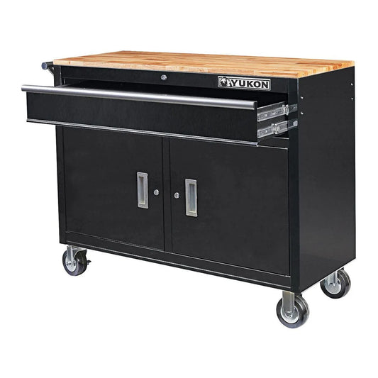 Établi mobile  46 po avec plateau en bois massif, noir - YUKON