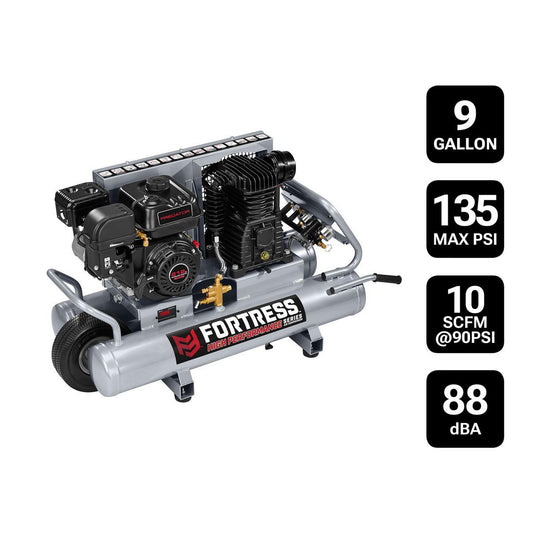 High-performance 9-gallon, 212cc, 6.5HP, 135 PSI gasoline-powered jobsite air compressor - FORTRESS