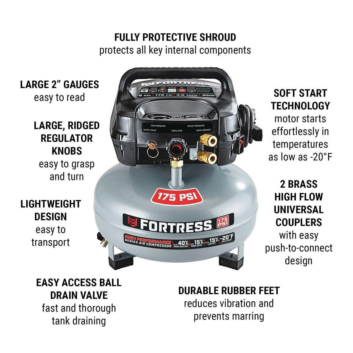 175 Compressor High Performance 6 Gallon, 175 PSI Job Site Air Compressor - FORTRESS ...