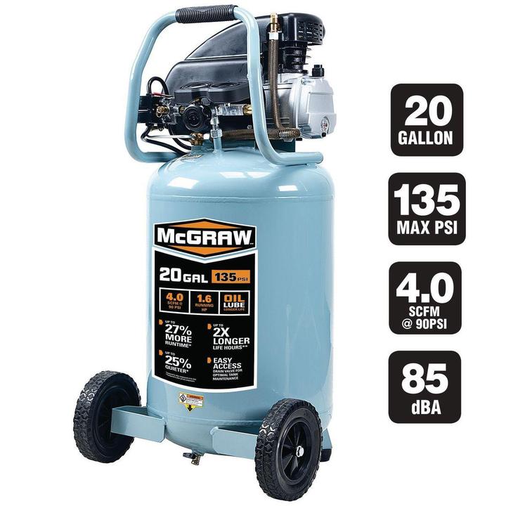 Compresseur d'air vertical 20 gallons lubrifiant à l'huile de 1,6 HP et 135 PSI McGraw - sosoutils