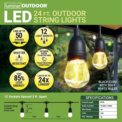 Guirlande de lumière extérieure à 12 ampoules DEL 24 pieds, Noir - LUMINAR OUTDOOR - sosoutils