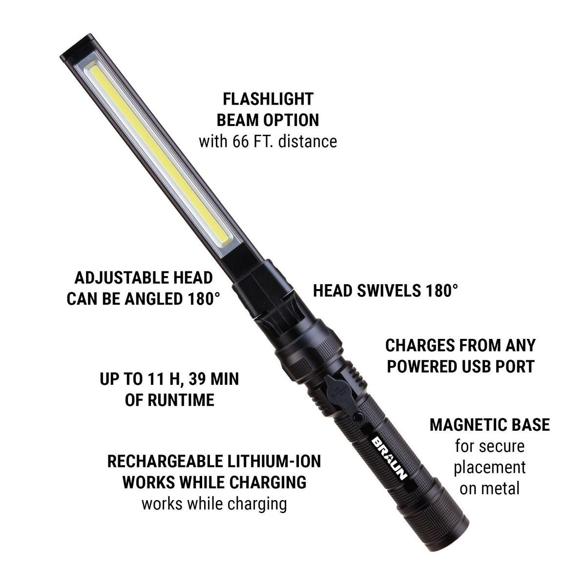 braun magnetic slim bar folding rechargeable led light flashlight BRAUN Magnetic Slim Bar Folding Work Light 390 Lumens – sosoutils