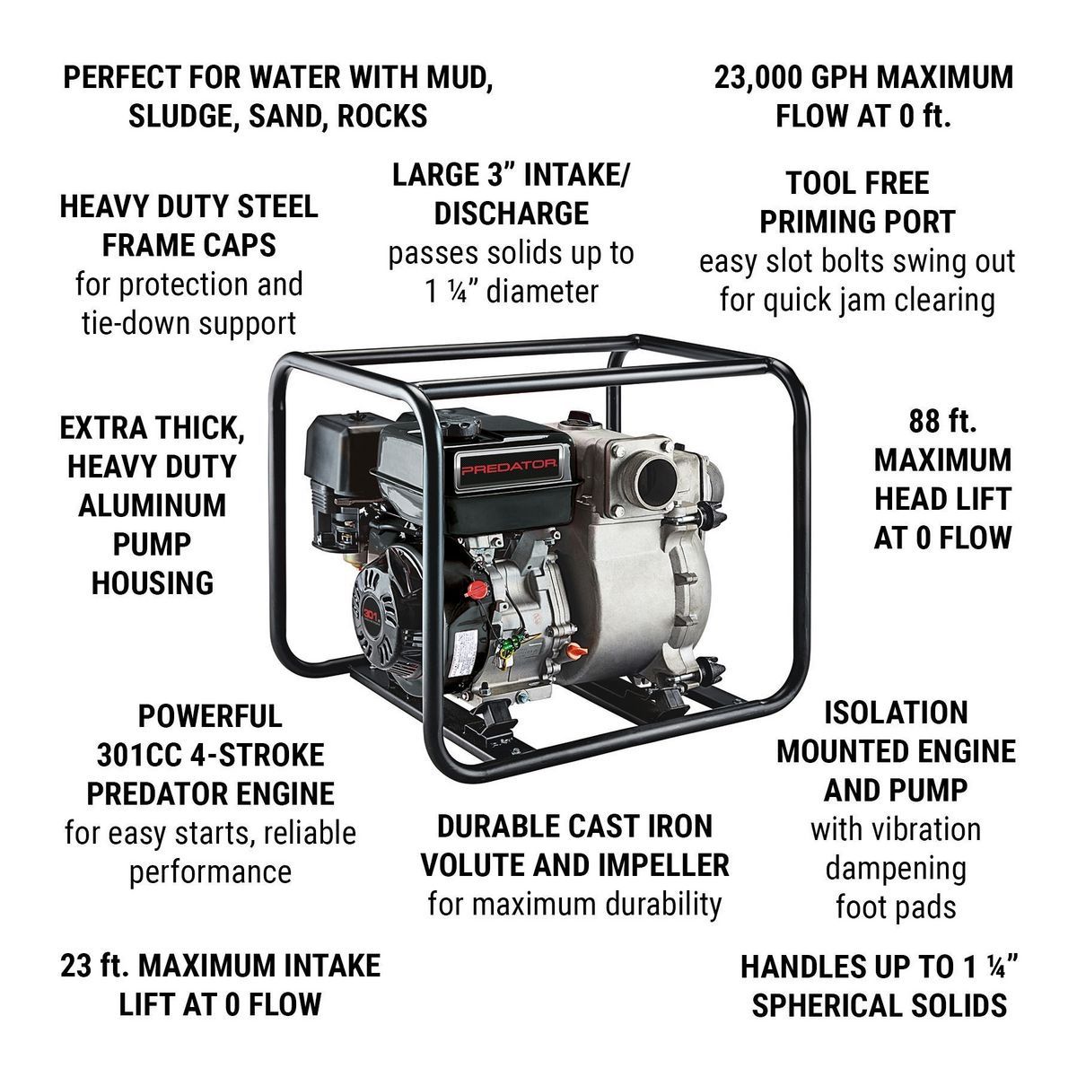 Pompe a eau a déchets complets pour moteur a essence de 3 po de 301 cm³ - 23 000 gph PREDATOR - sosoutils