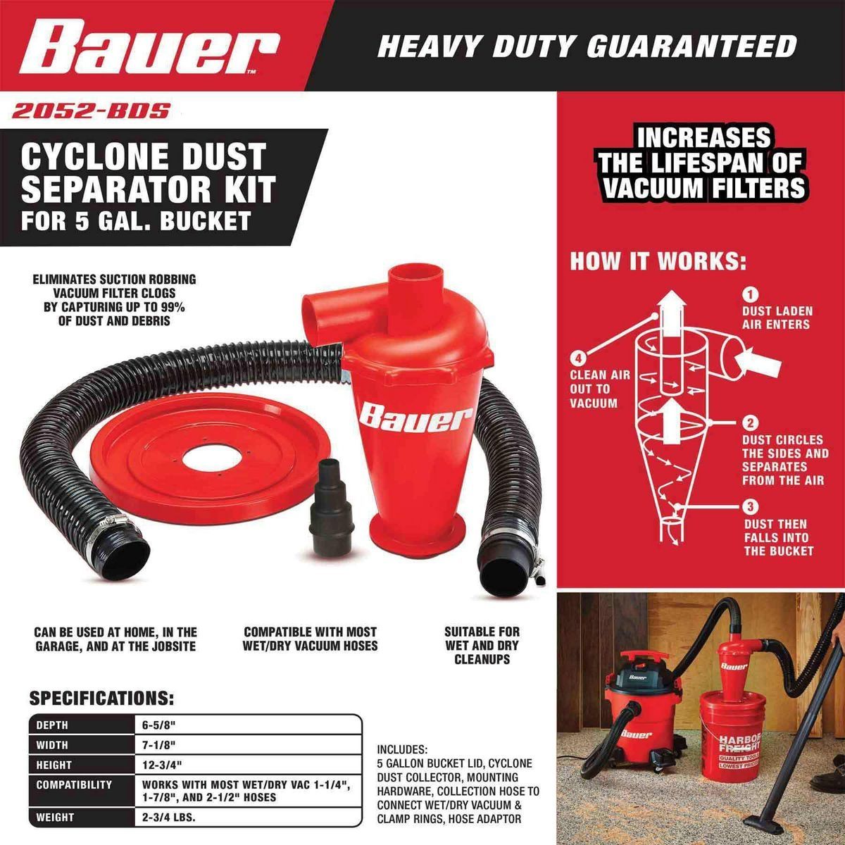 Ensemble de séparateur de poussière cyclone pour seaux de 5 gallons BAUER - sosoutils