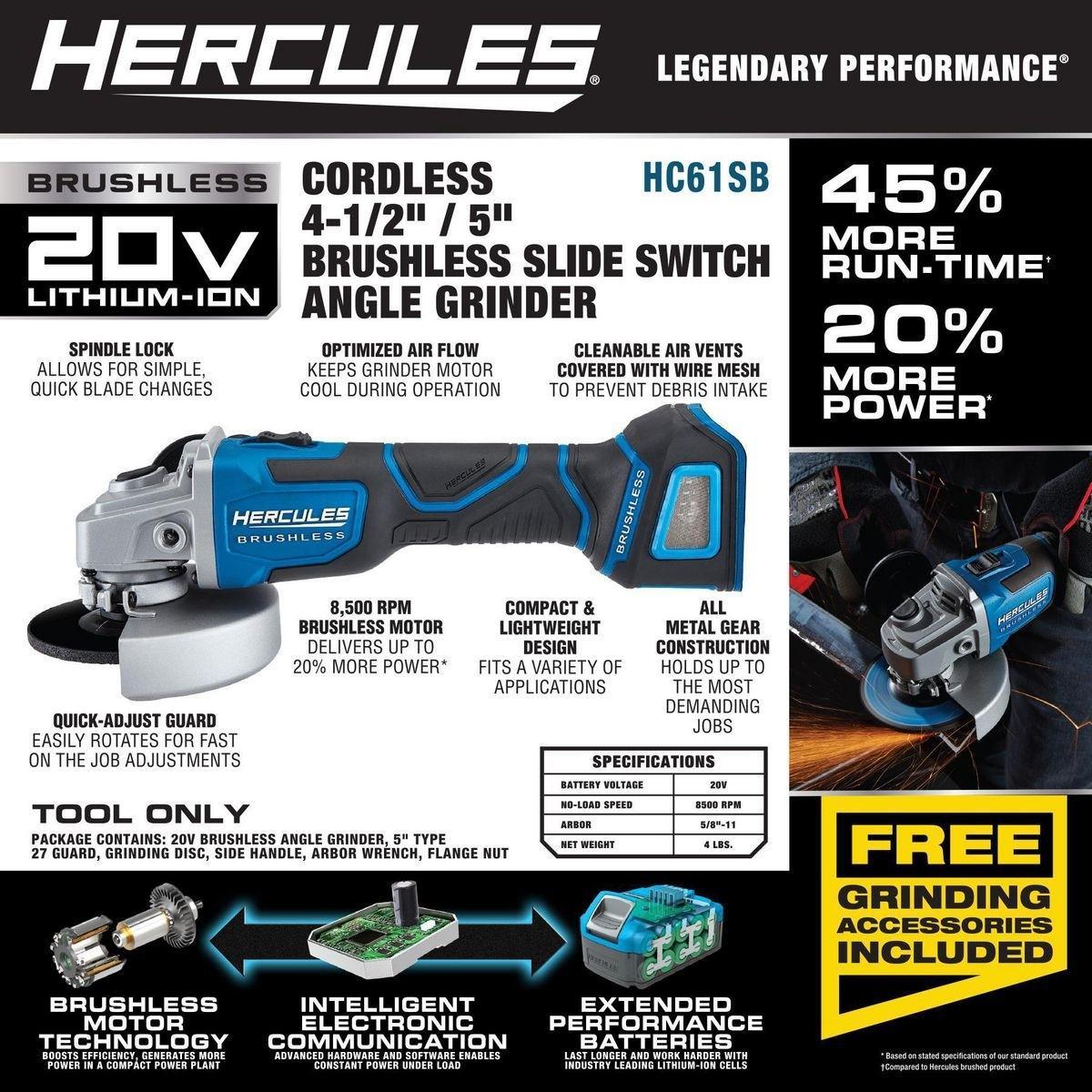 Meuleuse d'angle brushless 4 1/2 Po / 5 Po Lithium-Ion 20 V sans fil HERCULES - Outil Seulement - sosoutils