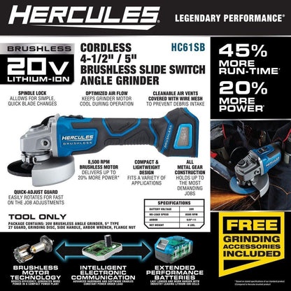 Meuleuse d'angle brushless 4 1/2 Po / 5 Po Lithium-Ion 20 V sans fil HERCULES - Outil Seulement - sosoutils